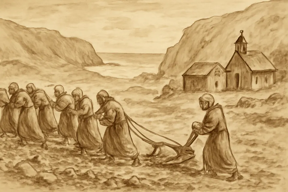 Illustration of monks in rough habits pulling a wooden plough by hand in a valley by the sea at St Davids
