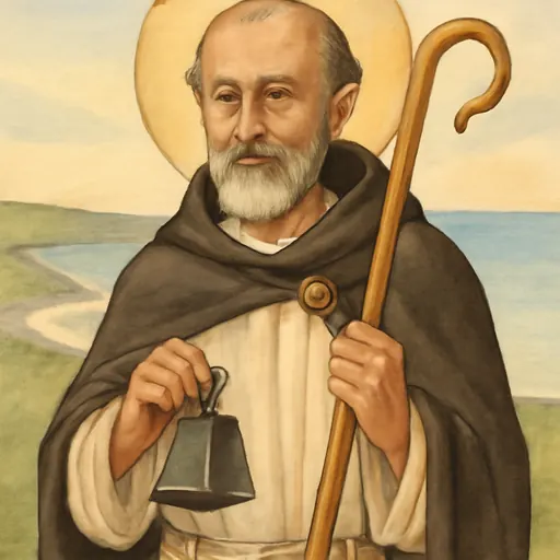 Watercolor-style portrait of St. Declan of Ardmore, an early Irish bishop with a crozier and a small black hand bell, standing on a cliff above the sea