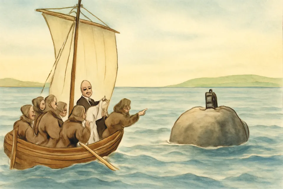 Watercolor-style scene of a small sailing boat of monks at sea, watching a large boulder float on the waves ahead of them with a small black bell resting on top