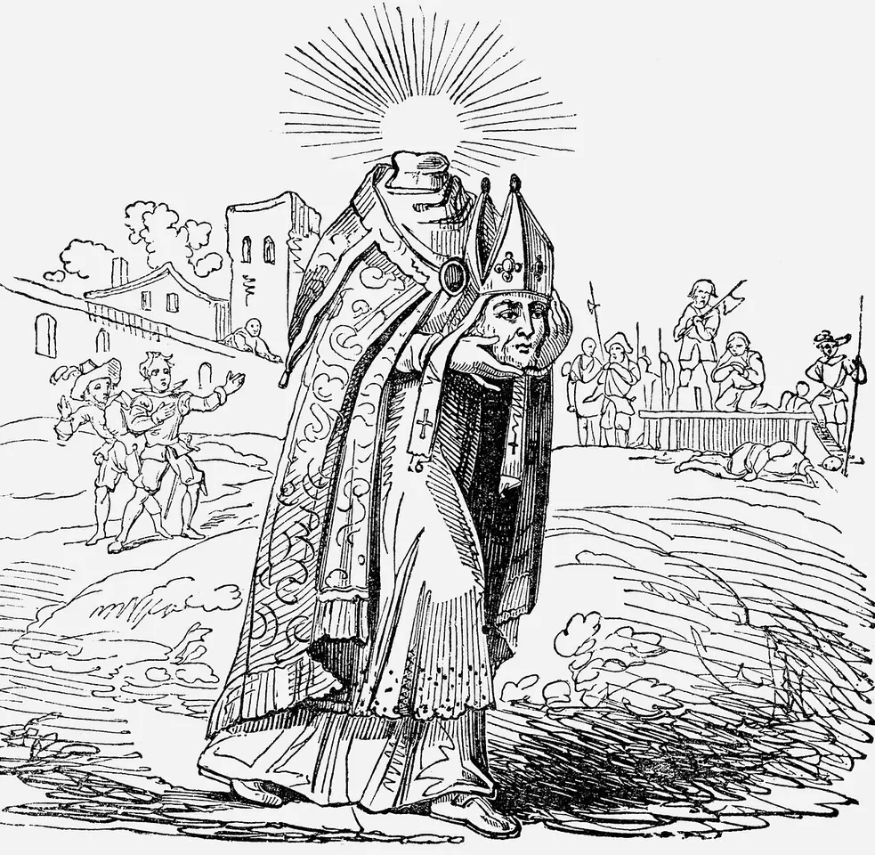 Black-and-white woodcut of a bishop in a richly patterned cope walking across open ground while holding his mitered head in his hands, rays of light above his shoulders, with a small town and soldiers in the background