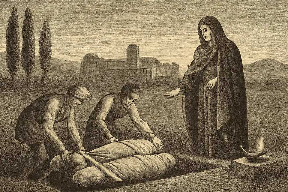 Illustration of a Gallo-Roman woman and her servants quietly burying three bodies wrapped in white shrouds in a field at dusk
