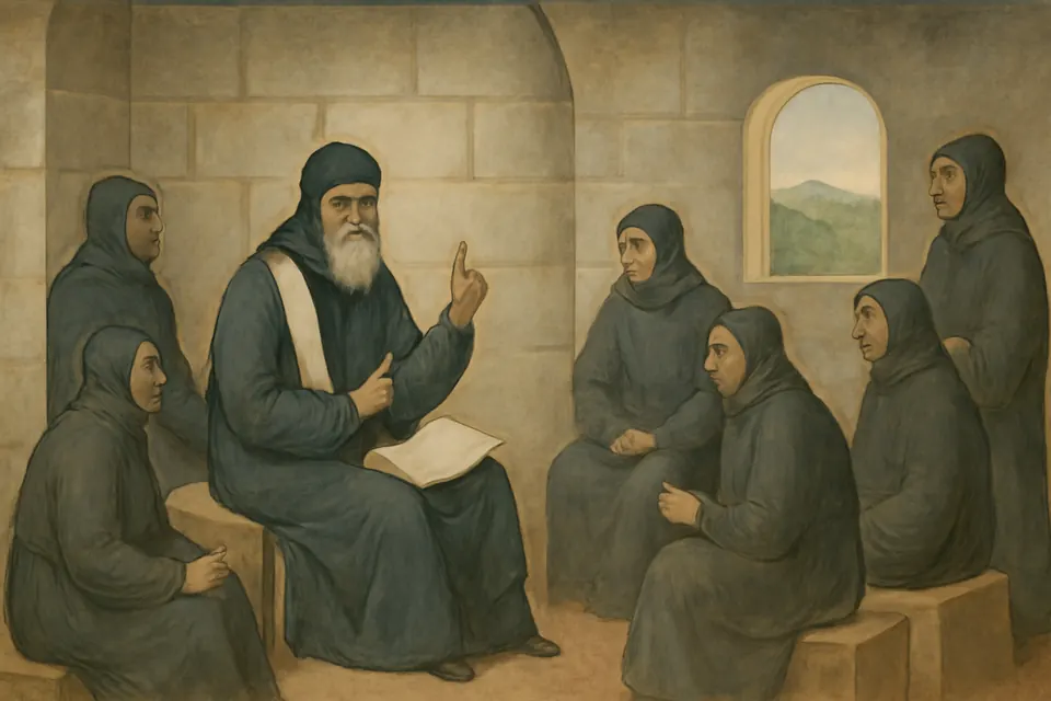 Fresco-style scene of a gray-bearded bishop seated in a simple stone room, teaching a small circle of monks who listen with their hands folded