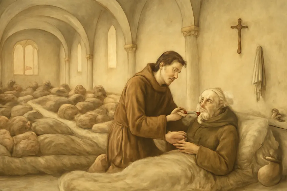 Watercolor-style illustration of a Franciscan brother spooning broth to a sick friar in a crowded convent infirmary in Rome, with other friars lying on straw pallets