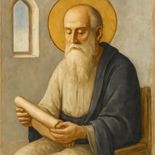 Fresco-style portrait of St. Didymus the Blind as an old, white-bearded teacher with closed eyes, seated with a scroll in his hands
