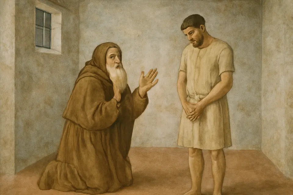 Fresco-style scene of the old hermit St. Antony kneeling in prayer in the blind Didymus's cell while Didymus stands beside him