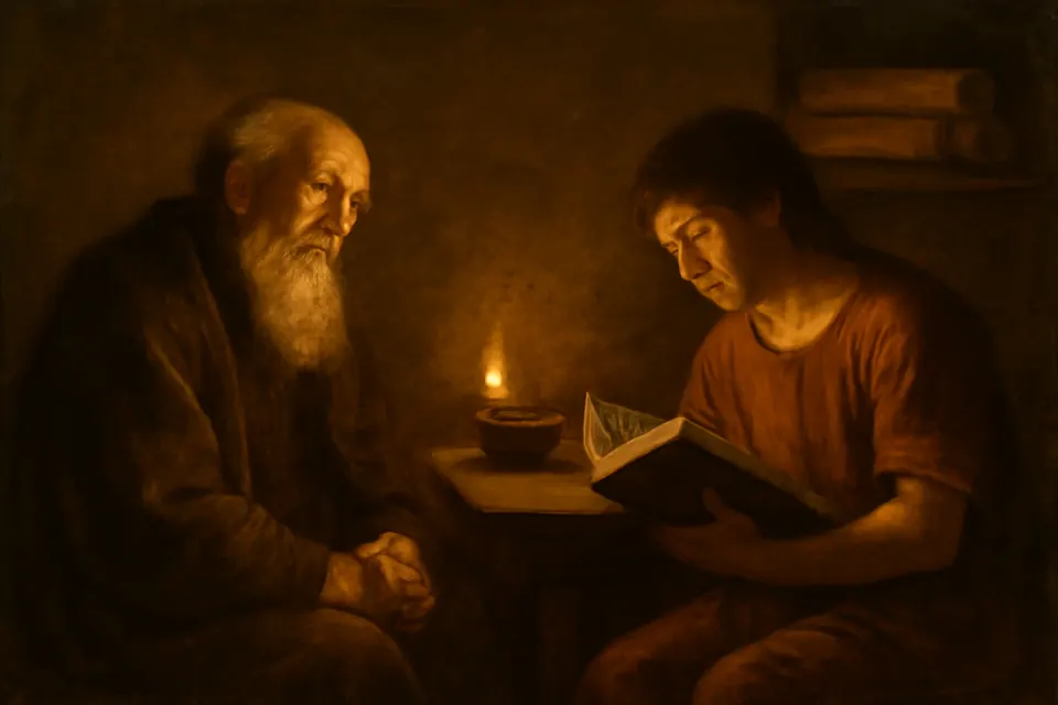 Oil-painting-style night scene of the blind Didymus listening intently while a young reader, nodding with sleep, reads Scripture to him by lamplight