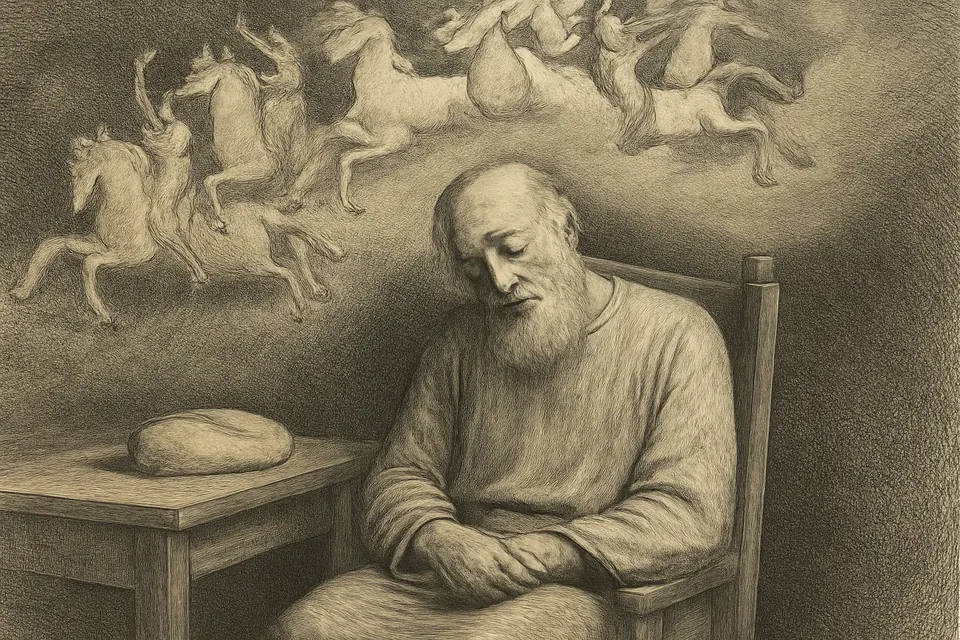 Engraving-style scene of the blind Didymus asleep in his chair, dreaming of white horses with riders galloping across the sky