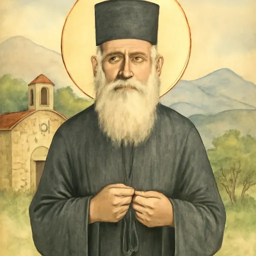 Watercolor-style portrait of St. Dimitrios Gagastathis, an elderly Greek village priest with a long white beard, black cassock and kalimavkion, holding a prayer rope