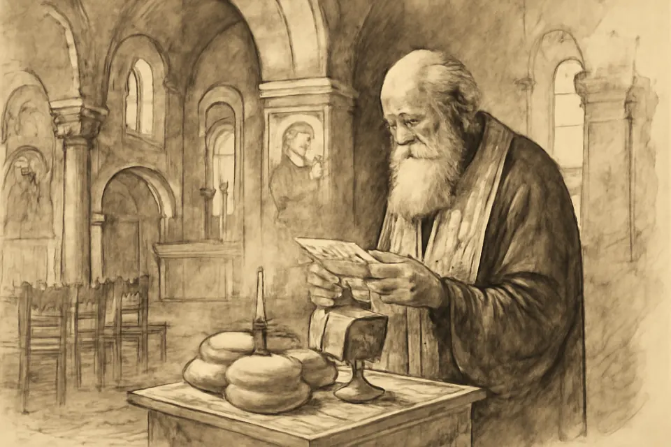 Ink-style drawing of an elderly priest reading a long list of names by candlelight at a small table of offering bread