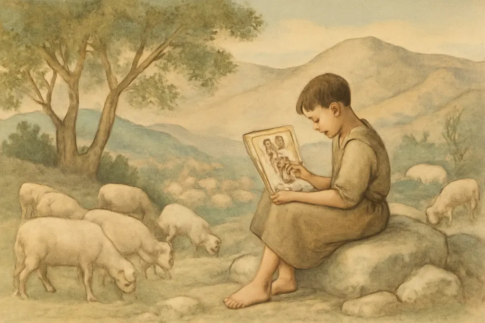 Watercolor-style scene of a shepherd boy sitting on a rock drawing a simple holy picture while his sheep graze on a mountain slope