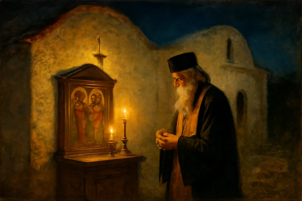 Oil-painting-style scene of an old village priest praying alone at night before an icon of the archangels in a small candlelit chapel