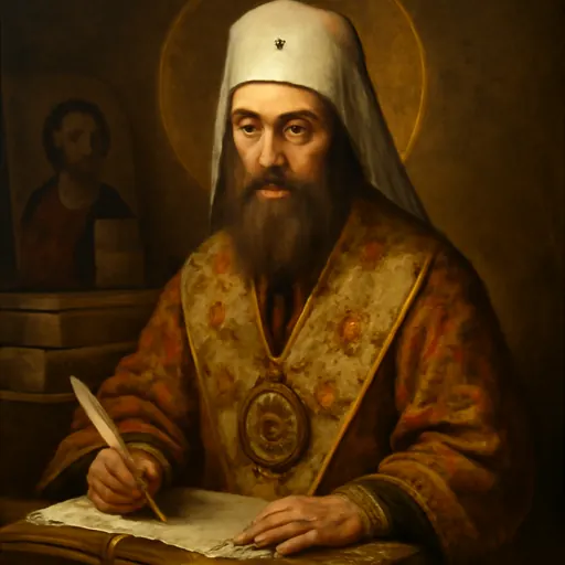 Oil-painting-style portrait of St. Dimitry of Rostov, a dark-bearded Russian metropolitan in a white klobuk and embroidered vestments, holding a pen over an open book