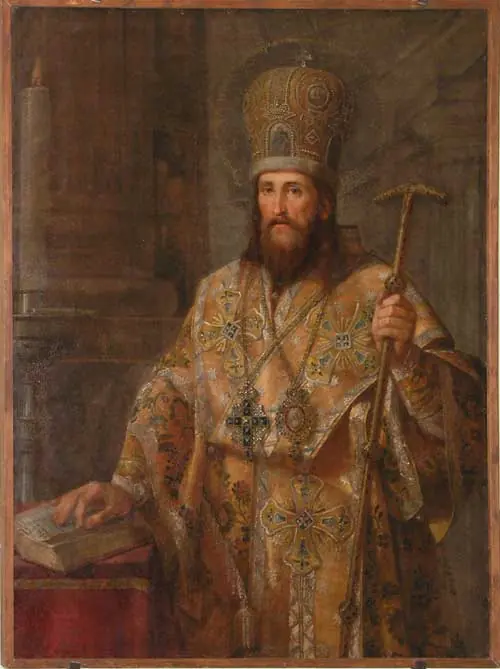 Oil painting on copper of a bearded bishop in a gold mitre and vestments, holding a bishop's staff and resting his hand on a book