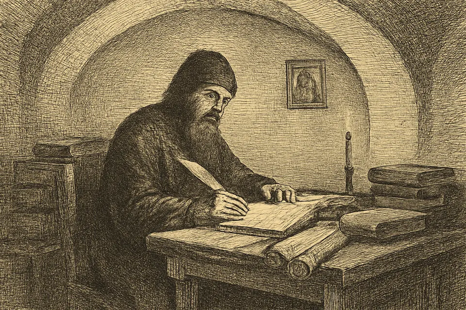 Engraving-style scene of a monk writing at a desk piled with old books and manuscripts by candlelight