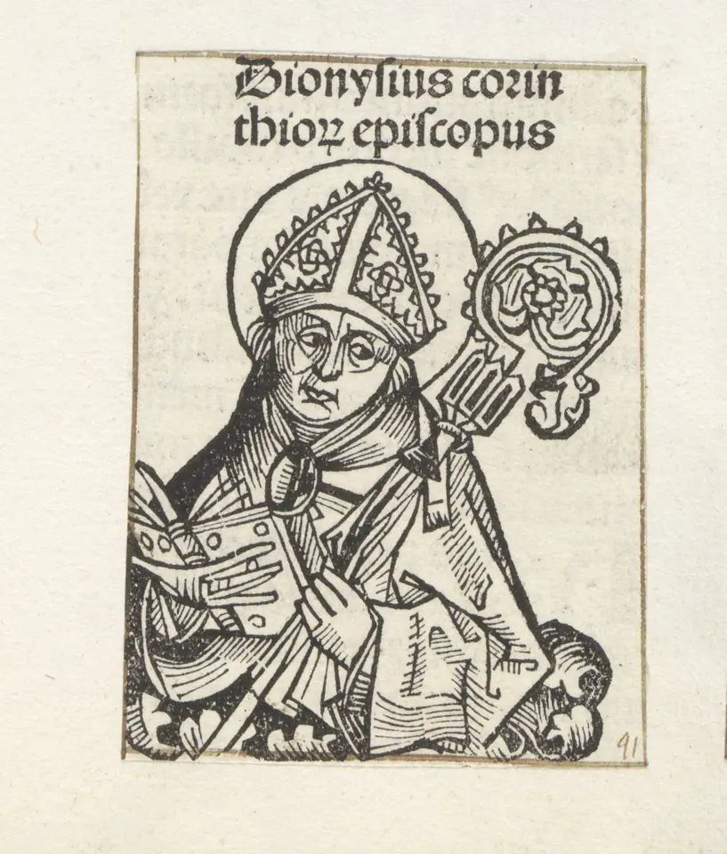 Woodcut of a bishop in a tall miter holding a crosier and an open book, with the Latin caption Dionysius corinthior episcopus
