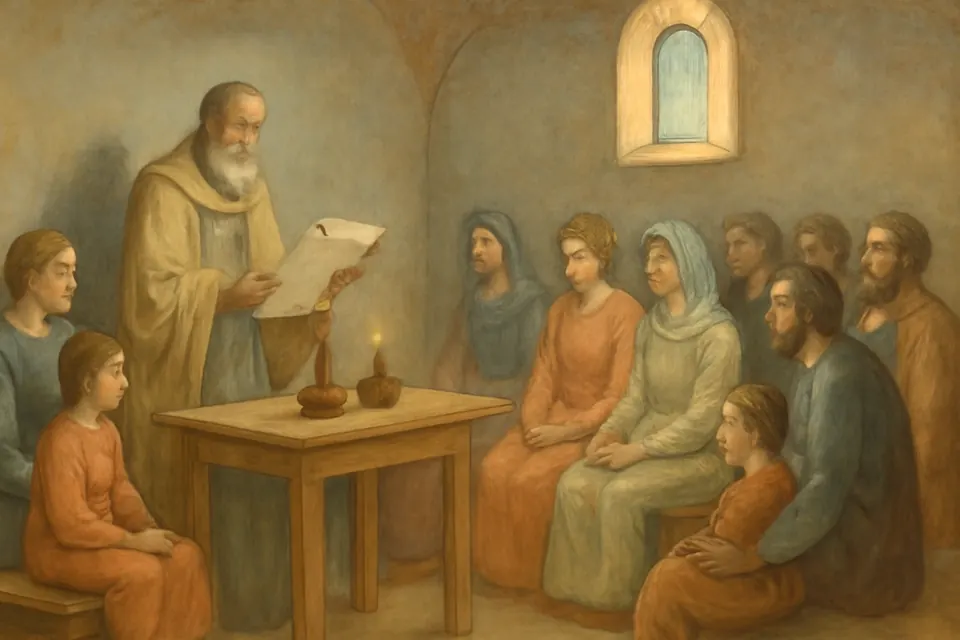 Fresco-style scene of a bishop reading a letter aloud to Christians gathered in a house church on a Sunday