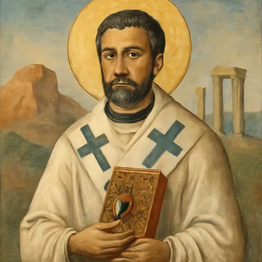 Fresco-style portrait of St. Dionysius the Areopagite as a dark-bearded bishop in a white omophorion with crosses, holding a jeweled Gospel book