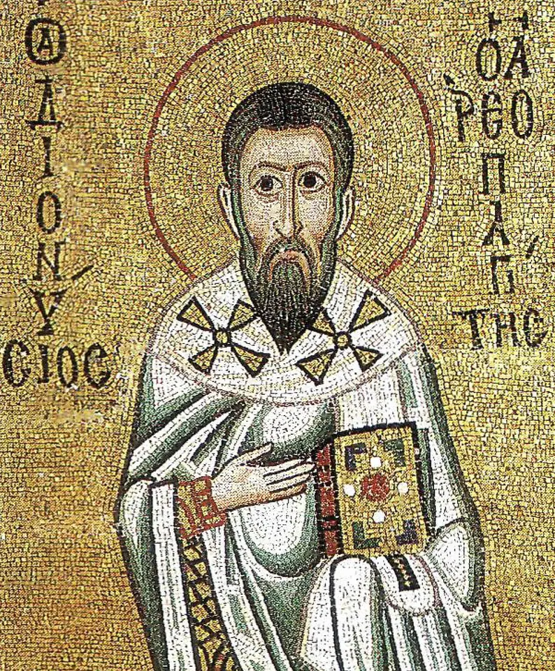 Gold-ground Byzantine mosaic of a dark-bearded bishop in white vestments with crosses, holding a jeweled book, with Greek letters naming Dionysius the Areopagite