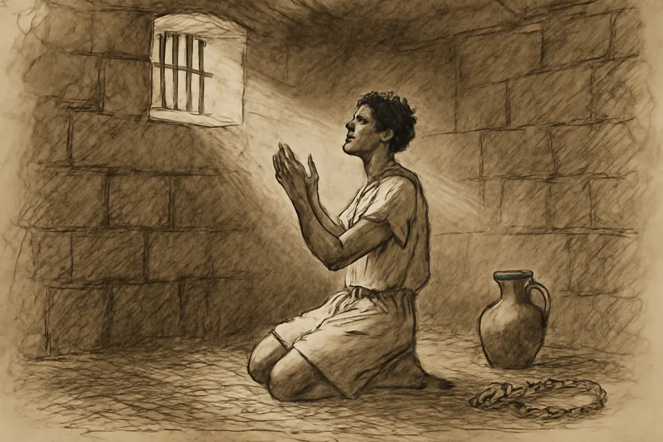 Ink-drawing-style scene of a young prisoner praying in a dim cell in Alexandria while light falls through a small window