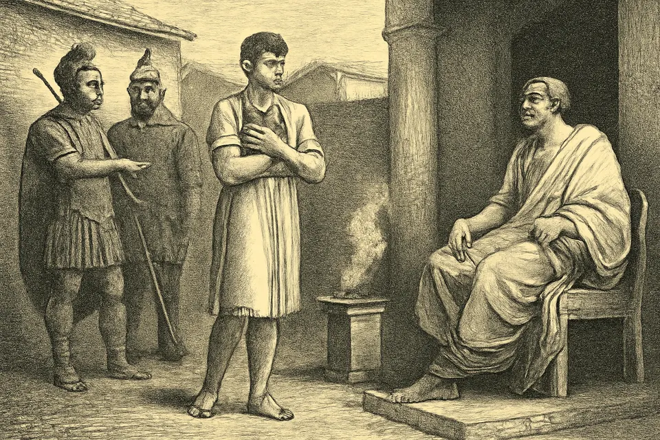 Engraving-style scene of a young Egyptian Christian refusing to hand over the holy books to a Roman official