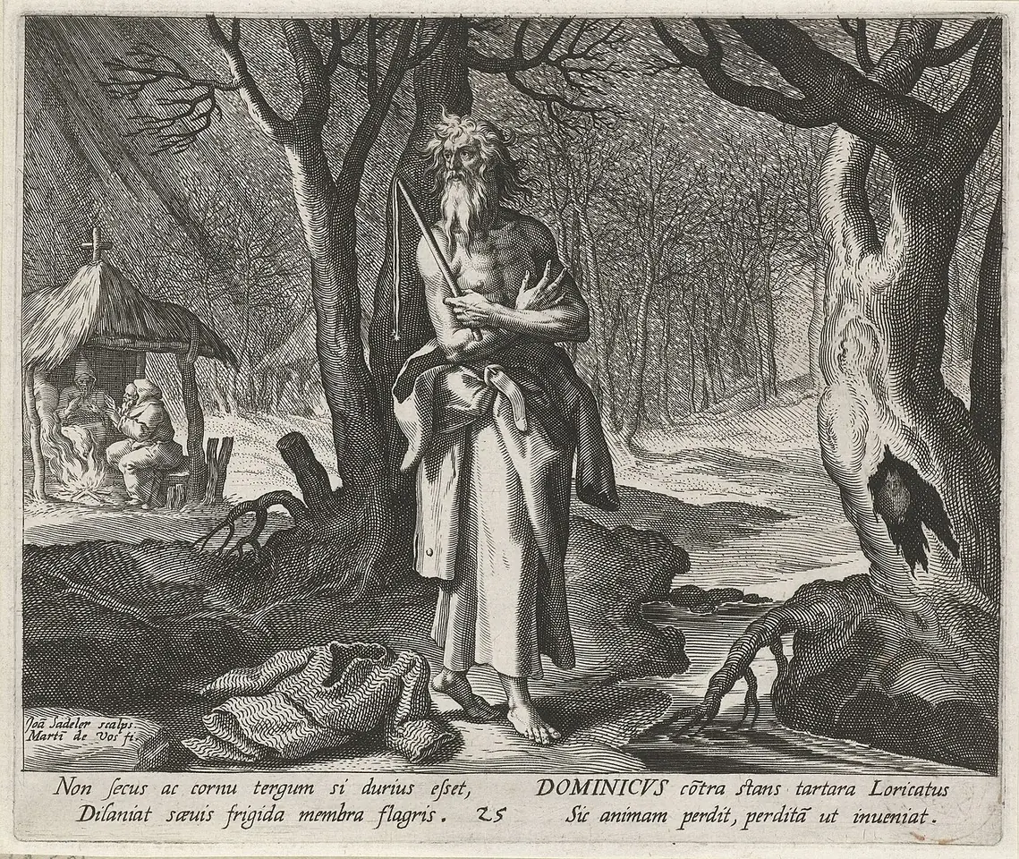 Engraving of a bearded hermit in a mail shirt standing in a wintry forest beside a hut, with a Latin verse inscription below
