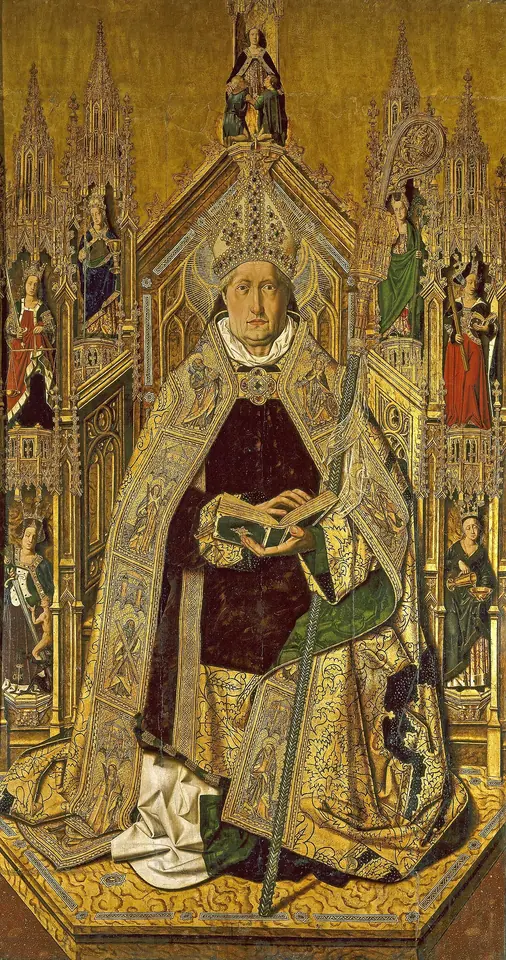 Gothic panel painting of a stern abbot in a jeweled miter and a richly embroidered gold cope, holding a crosier and a book, seated on a gilded throne with small statues of the virtues