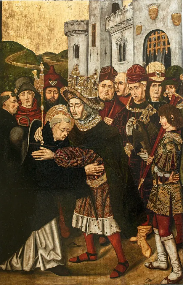 Gothic panel of a king in a red and gold robe embracing a monk in a black habit before a crowd of courtiers and soldiers, with a castle behind them