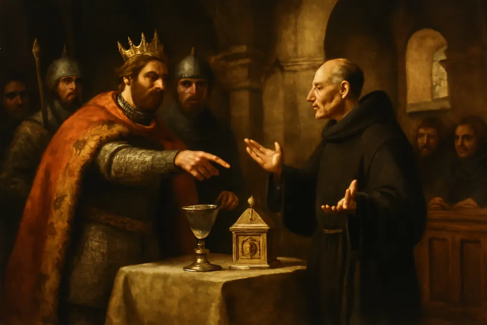 Painting-style scene of a monk in a black habit standing firm before a king in a crown and mail who demands the treasure of a Romanesque monastery church