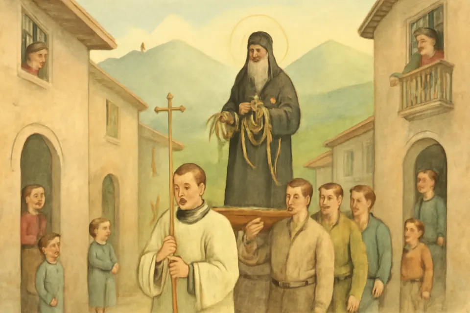 Watercolor-style scene of a mountain village procession carrying a statue of the saint draped with live snakes