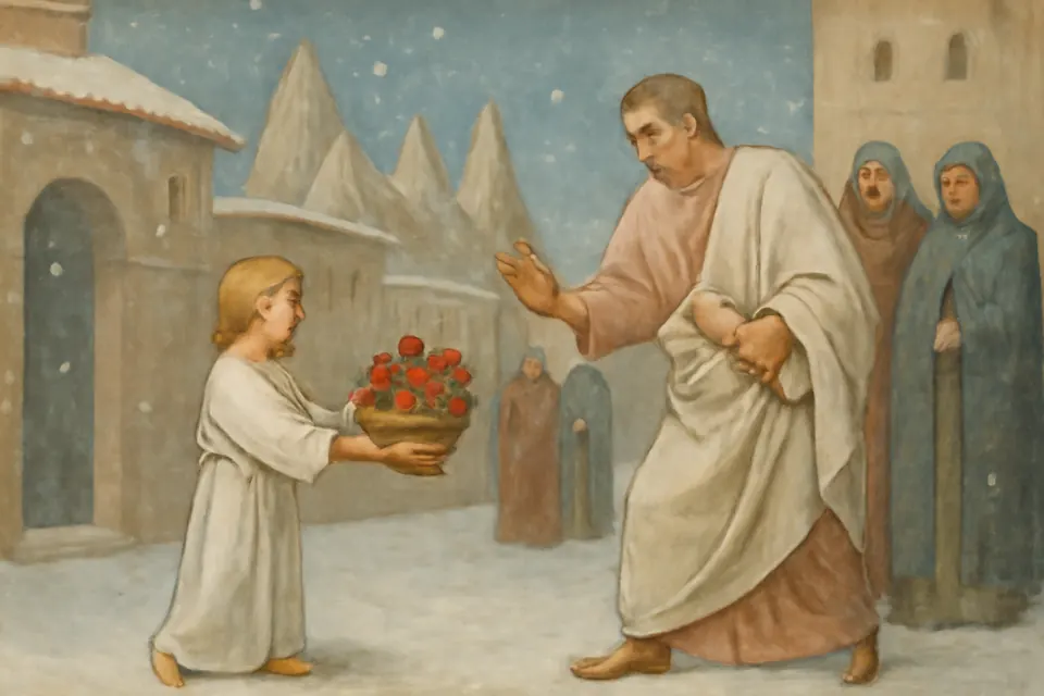 Fresco-style scene of a small child in a white robe carrying a basket of roses and apples through falling snow to a startled lawyer