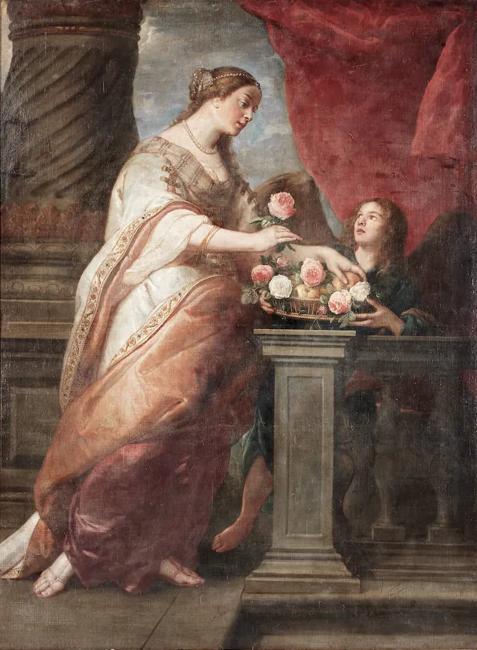 Baroque painting of a young woman in a pink gown taking a rose from a basket of roses held up by a kneeling angel on a stone balcony