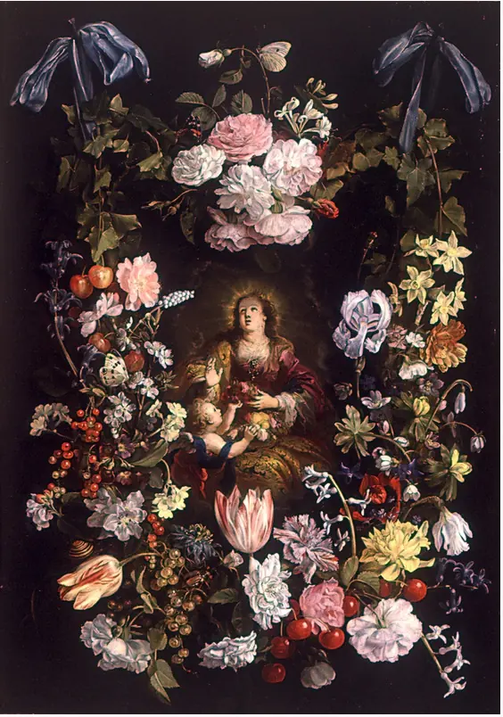 Flemish still-life painting of a thick garland of tulips, roses and other flowers framing a small picture of St. Dorothea with a child