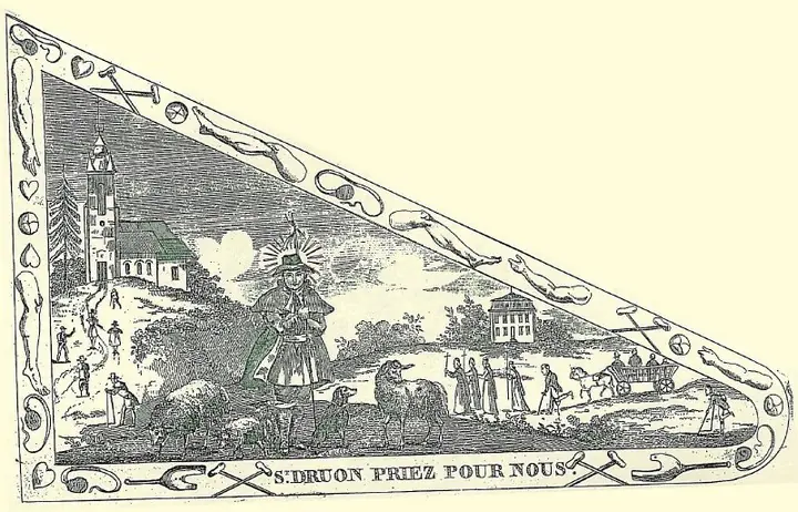 Old triangular pennant design showing a shepherd saint with a crook among his sheep, a church on a hill and villagers in procession, with the words S. Druon priez pour nous