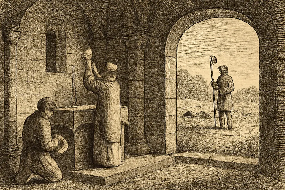 Engraving-style illustration of a young shepherd kneeling at Mass in a village church while, through the open door, the same shepherd is seen watching his sheep in the field
