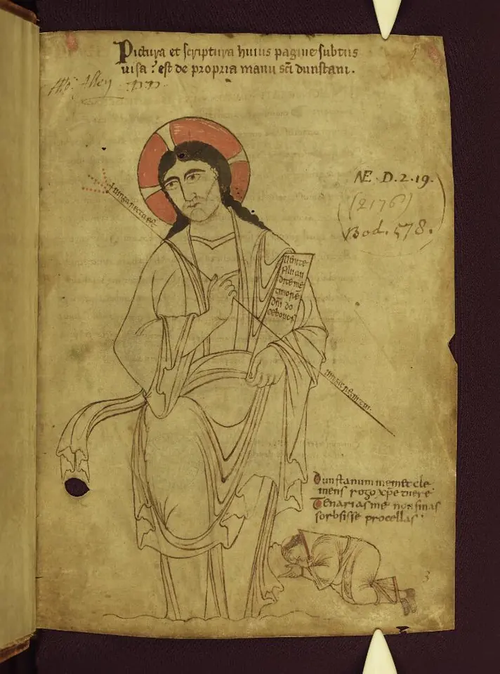 Tenth-century line drawing of a tall Christ with a halo, holding a rod and a book, with a small monk lying face down in prayer at his feet and two lines of Latin above the monk