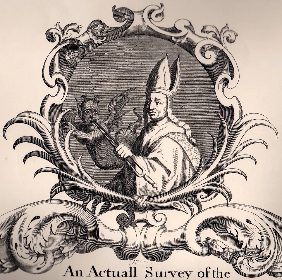 Engraving in a scrolled frame of a bishop in a miter holding a pair of tongs clamped on the nose of a horned, winged devil