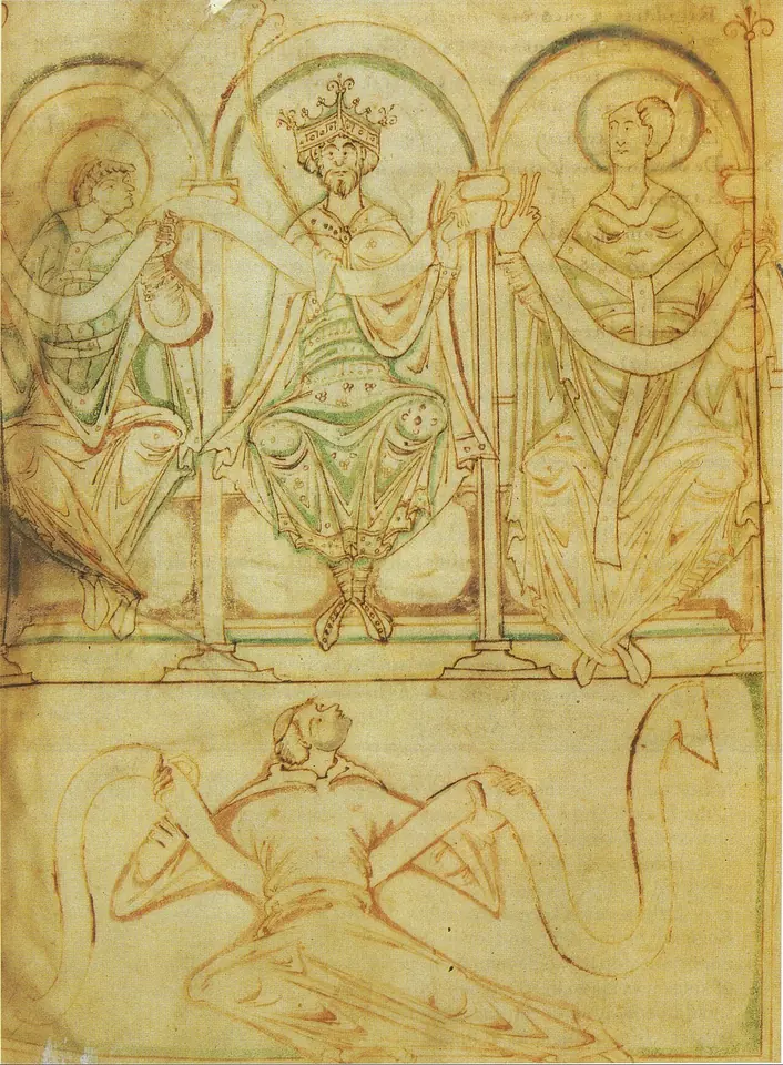 Anglo-Saxon line drawing of a crowned king seated between two bishops who hold a scroll with him, with a monk wearing a belt bowed beneath them