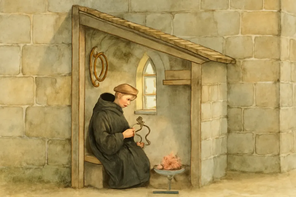 Watercolor-style illustration of the young monk Dunstan in his tiny cell against the church wall at Glastonbury, working metal at a small hearth with his harp hanging on the wall