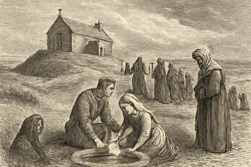 Engraving-style illustration of medieval pilgrims carrying candles toward St. Dwynwen's Church on Llanddwyn Island, while a couple kneels by a holy well