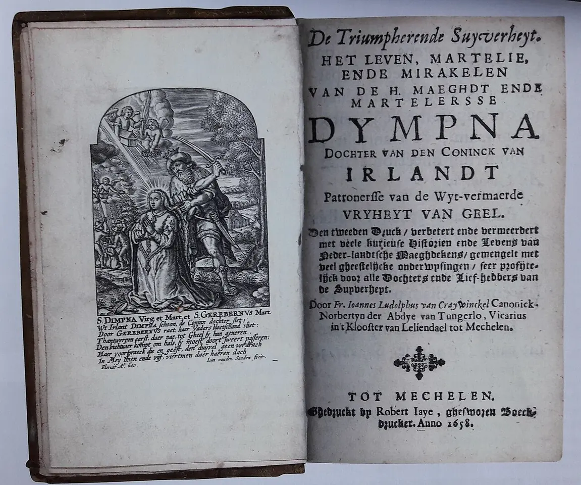 Open 17th-century book with an engraving of St. Dympna beside its Flemish title page, printed in Mechelen in 1658