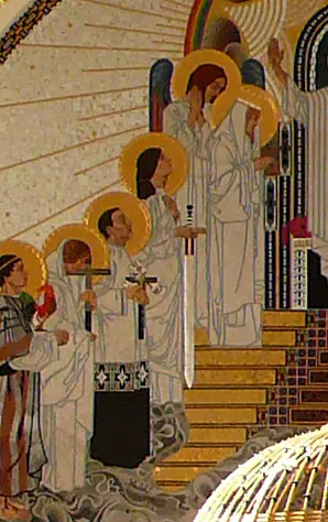 Detail of a gold-ground Art Nouveau mosaic of haloed saints in white robes on a golden stair, among them St. Dymphna holding a sword