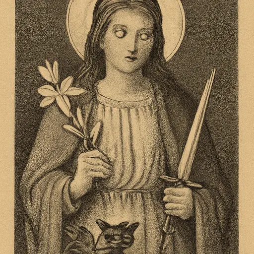 Oil-painting-style portrait of St. Dymphna as a young princess in a green mantle and small crown, holding a lily and a sword, with a chained demon at her feet