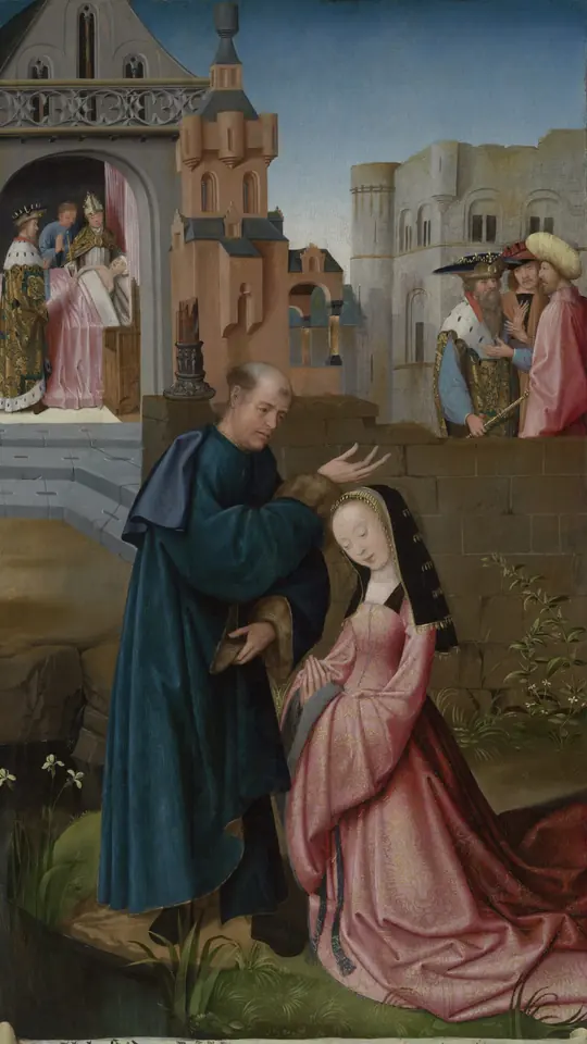A priest in a dark blue cloak lays his hand on the head of a kneeling girl in a pink gown, with a funeral procession in a city street behind them