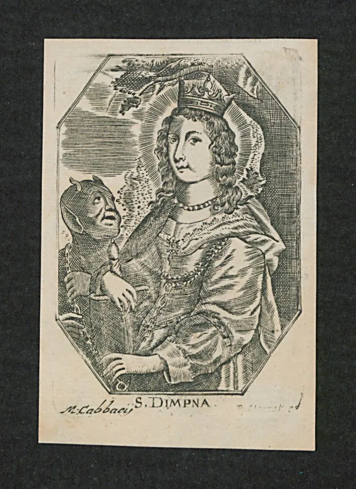 Engraving of a crowned young woman in an embroidered gown holding a sword, with a small horned demon on a chain beside her