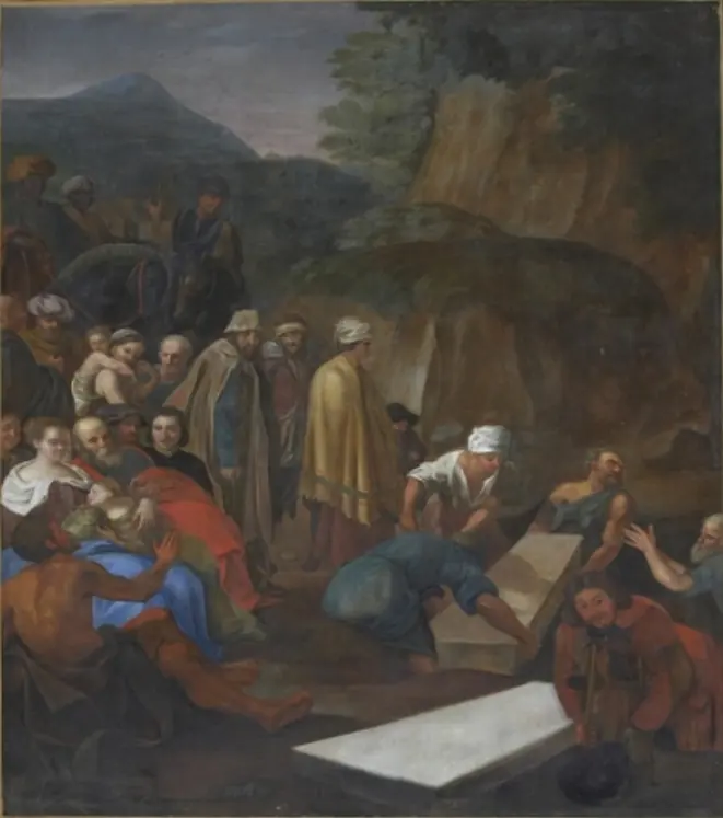 Workmen in a rocky hillside lift the lid of a white stone sarcophagus while a crowd of villagers, mothers with children and sick people press around to look