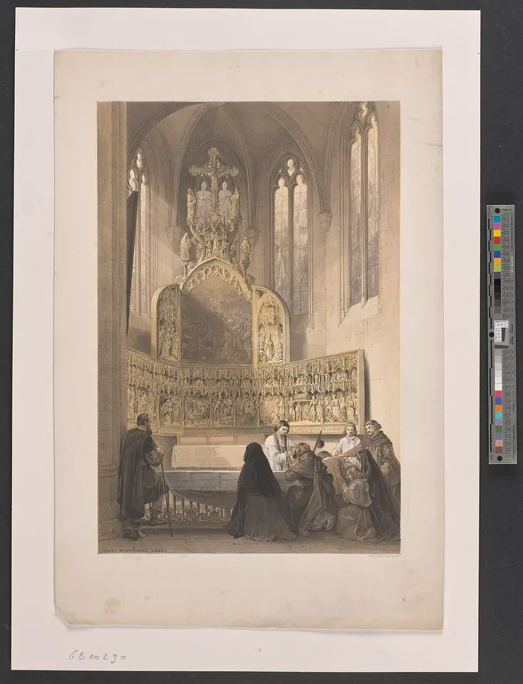 Tinted lithograph of a tall Gothic church interior where pilgrims kneel and pray before a carved altarpiece behind a railing