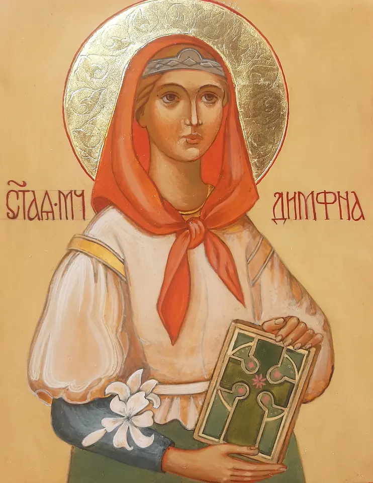 Modern Orthodox icon of a young woman in a red head scarf and white blouse against a gold halo, holding a green book and a white lily, with her name in Church Slavonic letters