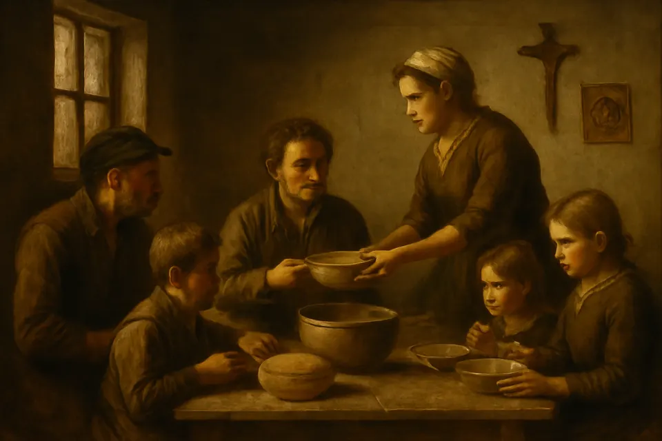 Illustration of a Flemish farm family sharing supper with a quiet man who boards with them in 19th-century Geel