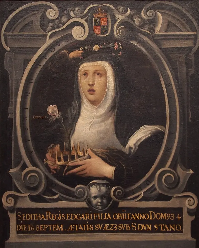 Painted oval portrait of a young nun in a white wimple and black veil, holding a small crown against her breast, a rose beside her, framed with a coat of arms and a Latin inscription