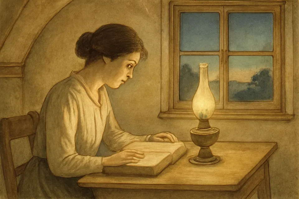 Illustration of a young woman reading a book by lamplight through the night in a quiet farmhouse room